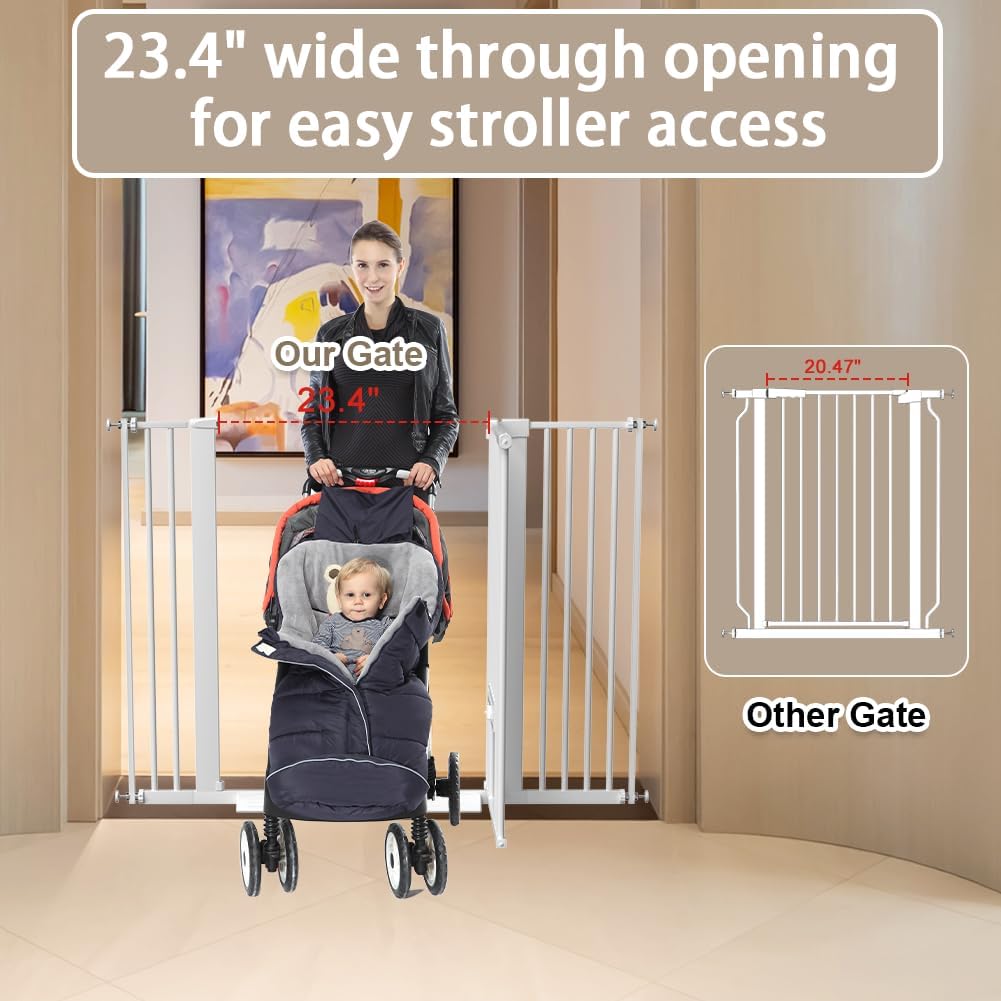40.55" Tall 1.37" Ultra Narrow Spacing 73.43"-81.30" Extra Wide Dogs Pets Baby Gate with Cat Door for Doorway Safety Proof Indoor Puppy Pressure Mounted No Drill White Black Metal Hallway