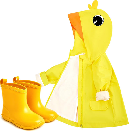 2 Pcs Toddler Raincoat Rain Boots Set Kids Baby Cartoon Hoodie Zipper Jacket Short Rain Shoes for Little Boys Girls