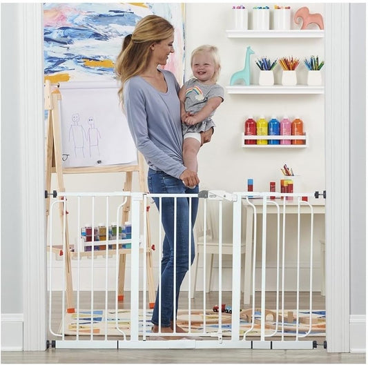 Regalo 56-Inch Extra WideSpan Walk Through Baby Gate, Includes 4-Inch, 8-Inch and 12-Inch Extension, 8 Piece Set - 4 Pack of Pressure Mounts and 4 Pack of Wall Cups and Mounting Kit, White
