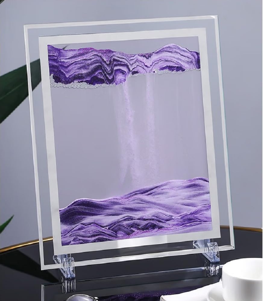 Moving Sand Art Picture 3D Deep Sea Sandscapes Sand Art Liquid Motion Bubbler Timer for Adult Kid Desktop Art Toys for Home Decor and Office(Square+Purble+7In)