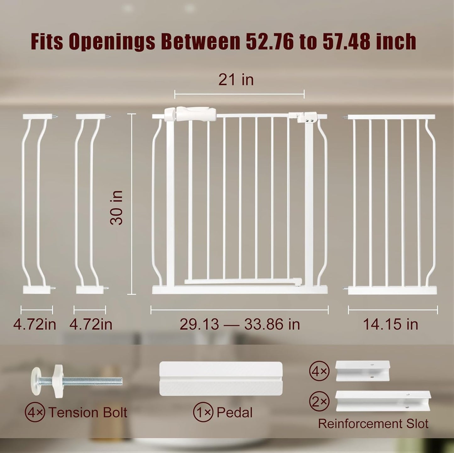 Extra Wide Baby Gate 52.76-57.5 Pressure Mounted,Child Dog Pet Safety Gates with Walk Through Door for Doorways Stairs No Drilling in Door,White