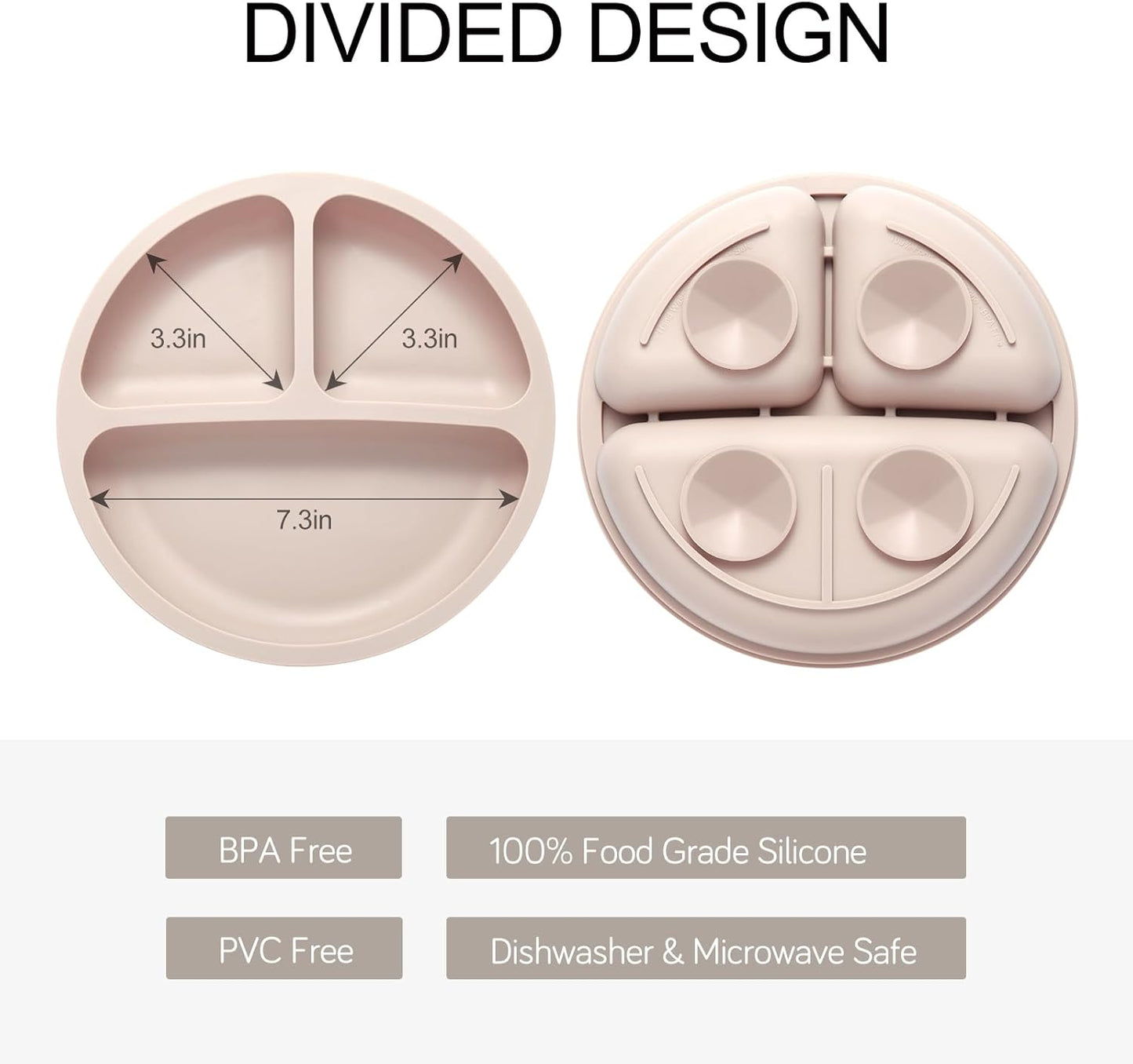 Toddler Plates, 3 Pack Divided Suction Plates for Baby, Food Grade Silicone Baby Plates, BPA Free, Non-slip, Baby Led Weaning Supplies, Microwave & Dishwasher Safe