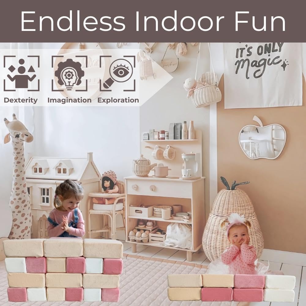 Wonder Space Plush Foam Blocks - Nursery Building & Stacking Toys for Toddlers Boys & Girls, Soft Smooth Velvet Cover, Early Education Gross Motor Skills & Brain Development (24 Bricks, Soft Blush)