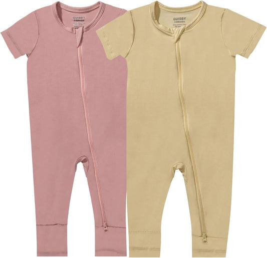 GUISBY Rayon Made from Bamboo Baby Pajamas, Summer Short Sleeve Footless Rompers, 2 Way Zipper Sleeper