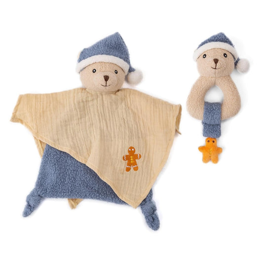 Organic Cotton Stuffed Animal Rattle Baby Toys, Plush Polar Bear Cuddle Cloth and Hand Grip Ring Rattles Plush Toy Set for Newborns Infant Boys Girls, 2 PCS