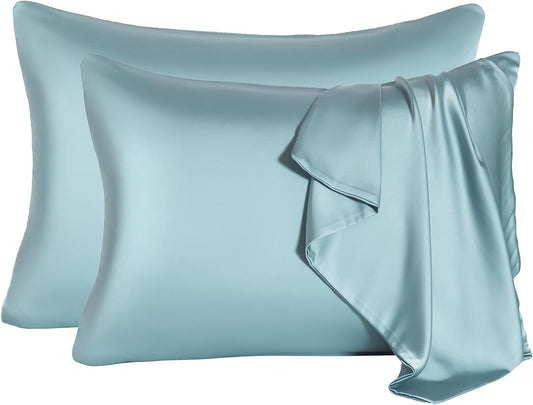 2 Pcs Mulberry Silk Pillowcase for Hair and Skin,Cooling Silk Pillow Case with Hidden Zipper,Allergen Proof Dual Sides Soft Breathable Smooth Silk Pillow Cover for Women.(Standard-2PCS,Aqua Blue)