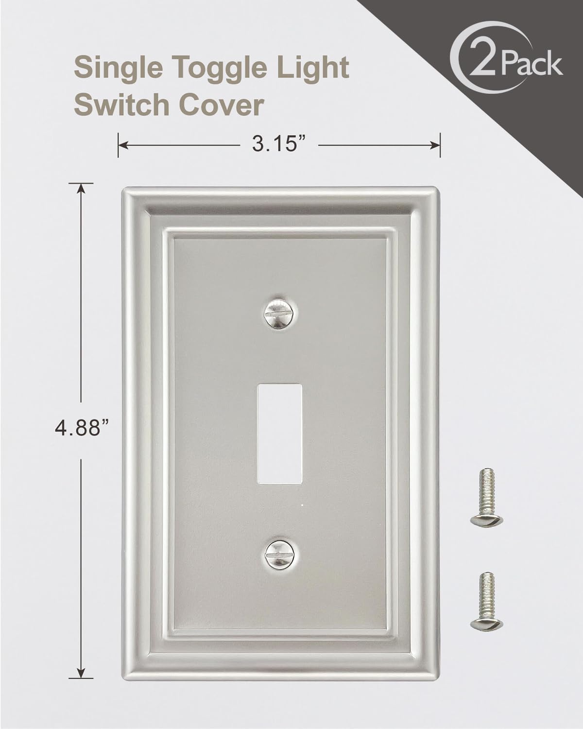2-Pack Single Toggle Wall Plate, Metal Light Switch Cover, Satin Nickel Switch Plate Cover, 3.15‘’*4.88‘’， Midsize, A035 Series