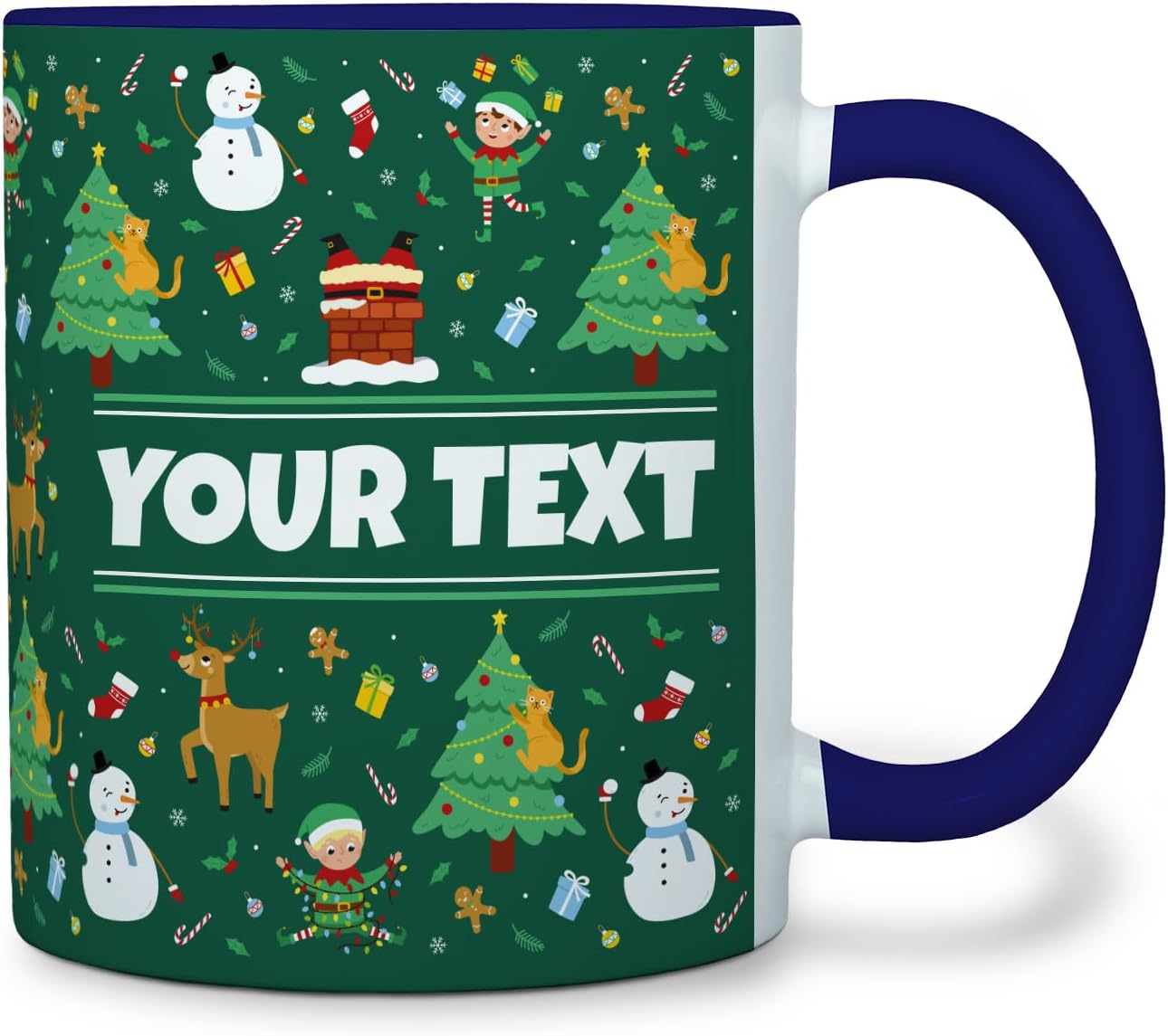 Personalized Mug for Kids - Christmas - Custom Name/Text, Ceramic Hot Chocolate/Cocoa/Coffee Cup for Boys/Girls, Holiday/Birthday Gift - 11 oz, Navy Blue Handle