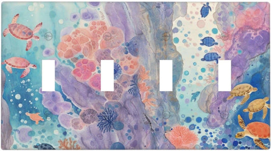 Turtle Coral Fish Watercolor Colorful Underwater World Light Switch Covers Quad Toggle Electrical Faceplate 4 Gang Wall Plate Decorative Switch Plates for Kids Room Home Decor