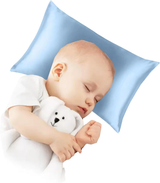Organic Silk Baby Pillowcase with Zipper, Small 10"x13" Pillow Cover for Boys & Girls, Ideal for Bed & Travel, Soft for Kids Hair & Skin, Hypoallergenic Pillowcases for Toddlers (Blue Grey+ Pillow)