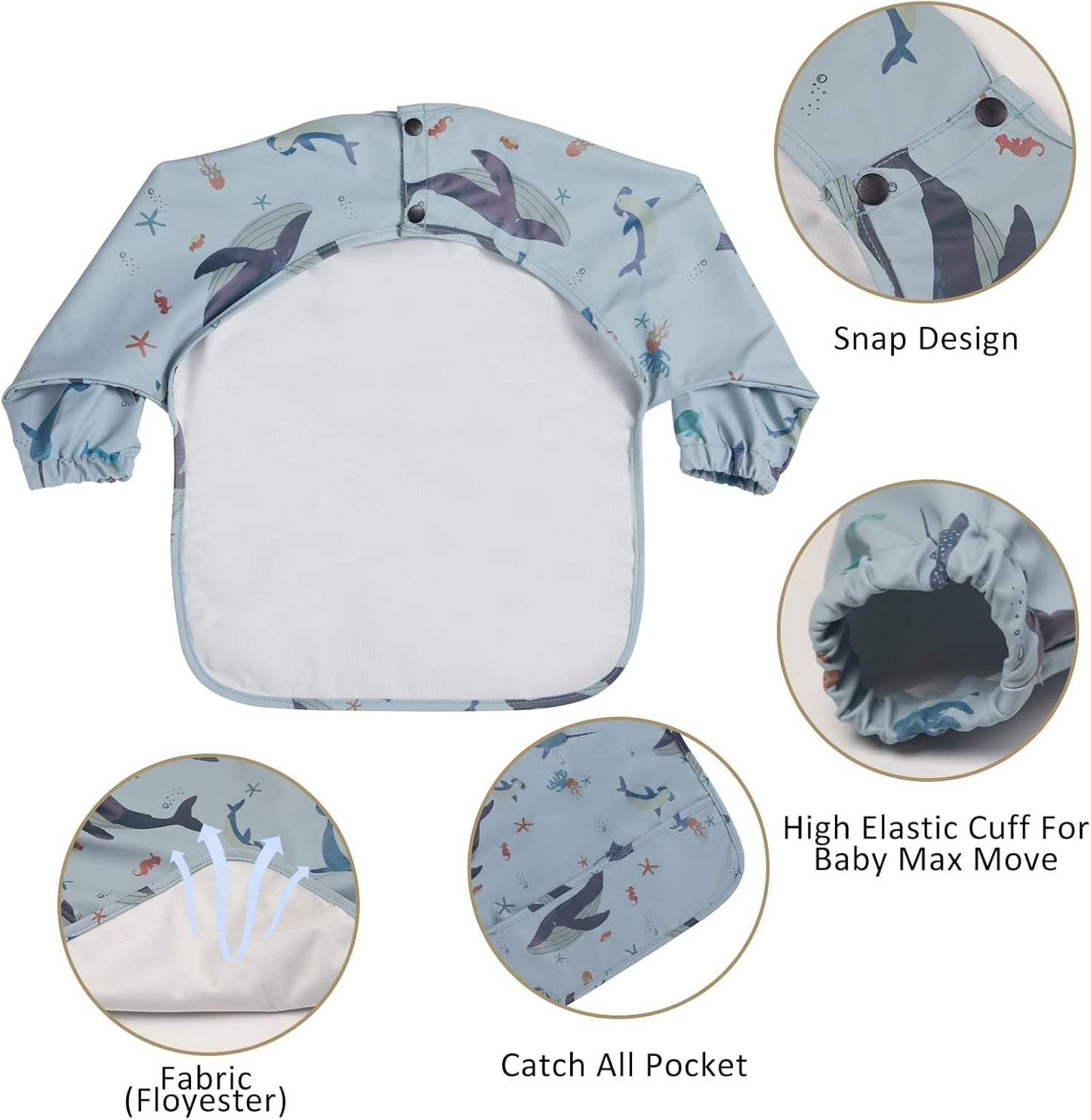 Long Sleeve Baby Bibs for Toddlers, Waterproof, Boys Girls Smock with Food Catcher Pocket for Feeding, Eating