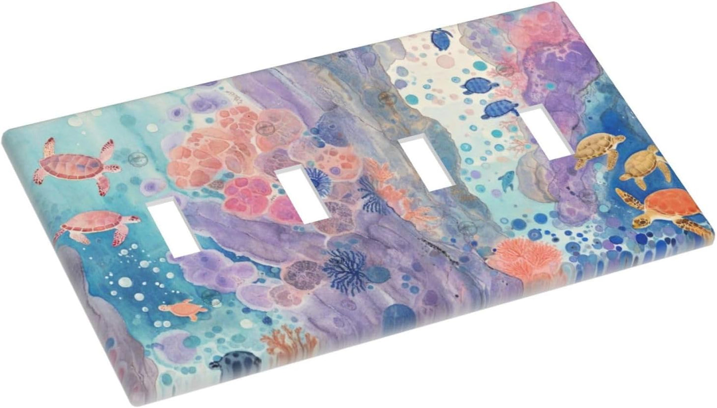 Turtle Coral Fish Watercolor Colorful Underwater World Light Switch Covers Quad Toggle Electrical Faceplate 4 Gang Wall Plate Decorative Switch Plates for Kids Room Home Decor