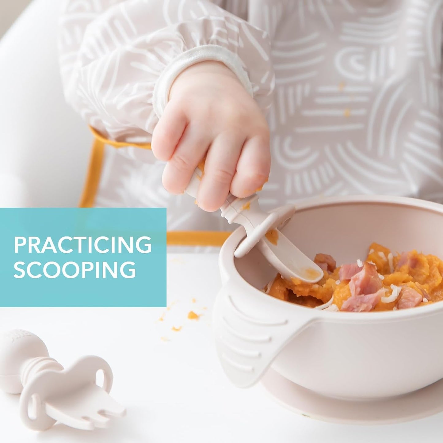 Bumkins Baby Utensils Set, Chewtensils Silicone Spoons for Dipping, Self-Feeding, Baby Led Weaning, Trainer Learning, First Stage Eating, Soft Practice Fork and Spoon, Babies 6 Months, Sand Beige