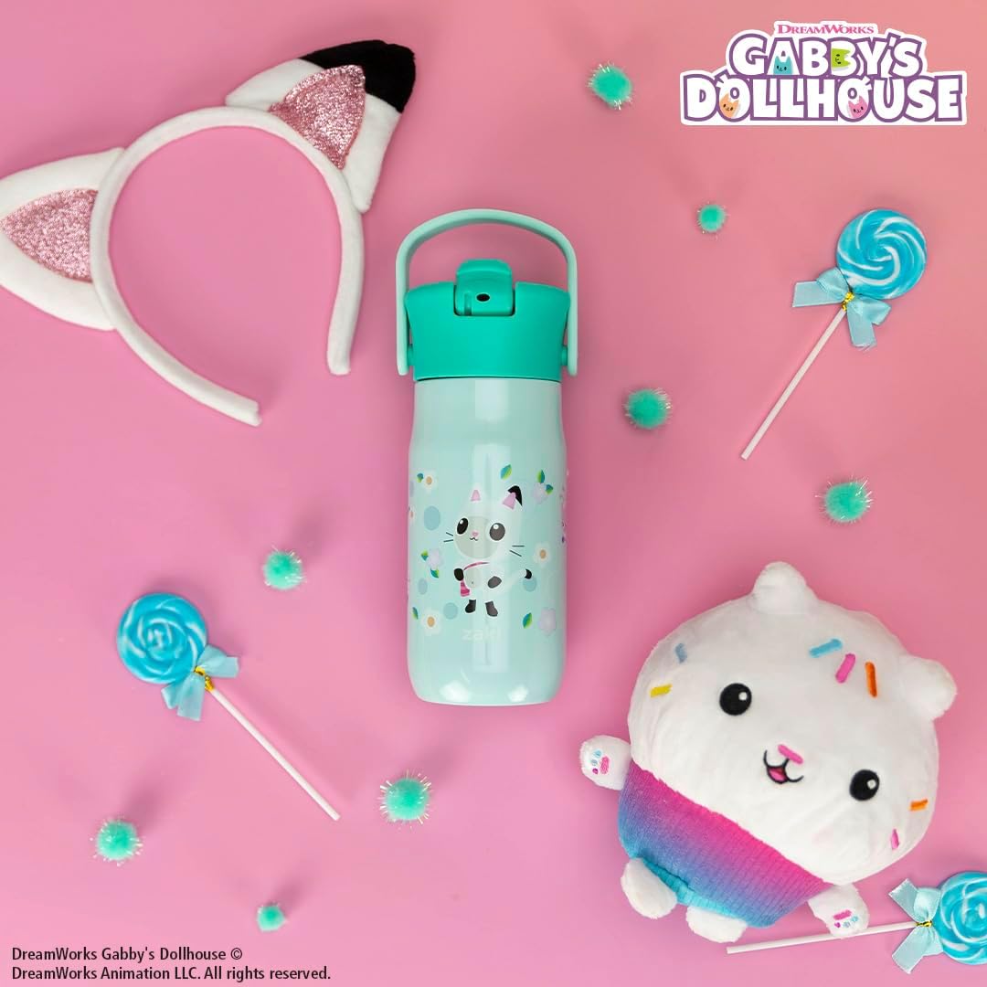 Zak Designs Harmony Gabby's Dollhouse Kid Water Bottle for Travel, 14oz Recycled Stainless Steel, Leak-Proof When Closed and Vacuum Insulated (Pandy Paws, Cakey Cat, Mercat, Kitty Fairy)