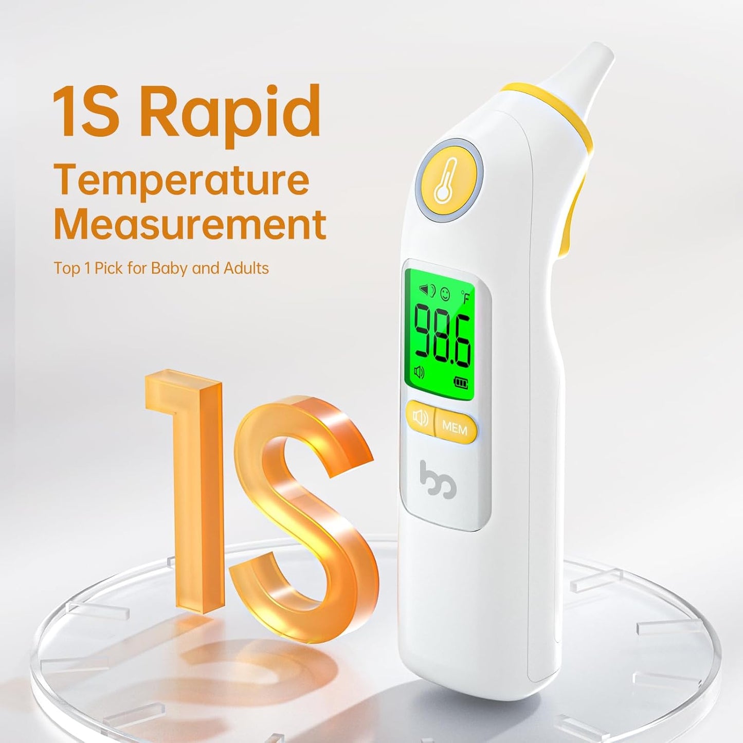 Ear Thermometer, Highly Accurate Ear Thermometer for Kids, Adults and Babies, 30 Memory Recall, 1s Result and 3-Color Fever Alert, with 24 Disposable Probe Covers, Yellow