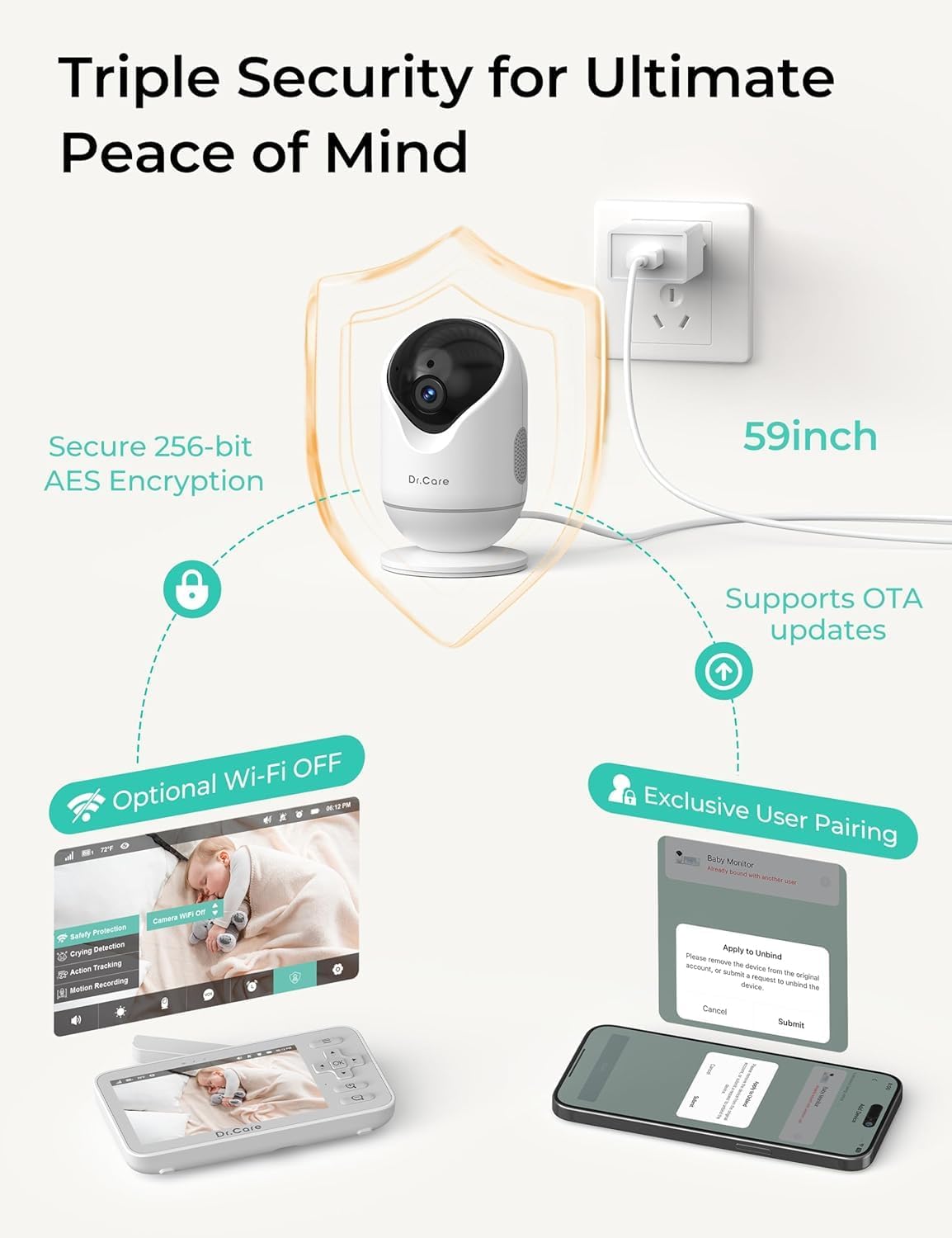 VistaView Lite Smart WiFi Baby Monitor with 2 Cameras- 4” 720P Split Screen & 1080P Camera App Control, Motion Alerts, Night Vision, 3000mAh Battery, 2-Way Talk, Triple Security, 1000ft Range