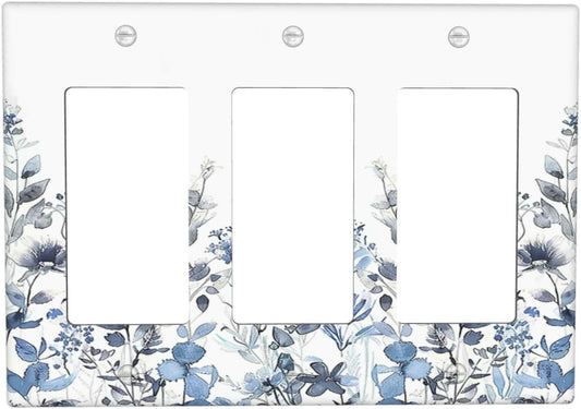 Light Switch Covers Light Blue Watercolor Leaves Plant With Floral 3 Gang Rocker Electrical GFCI Decorative Triple Outlet Wall Plate Cover Switchplate for Bedroom Bathroom Decor