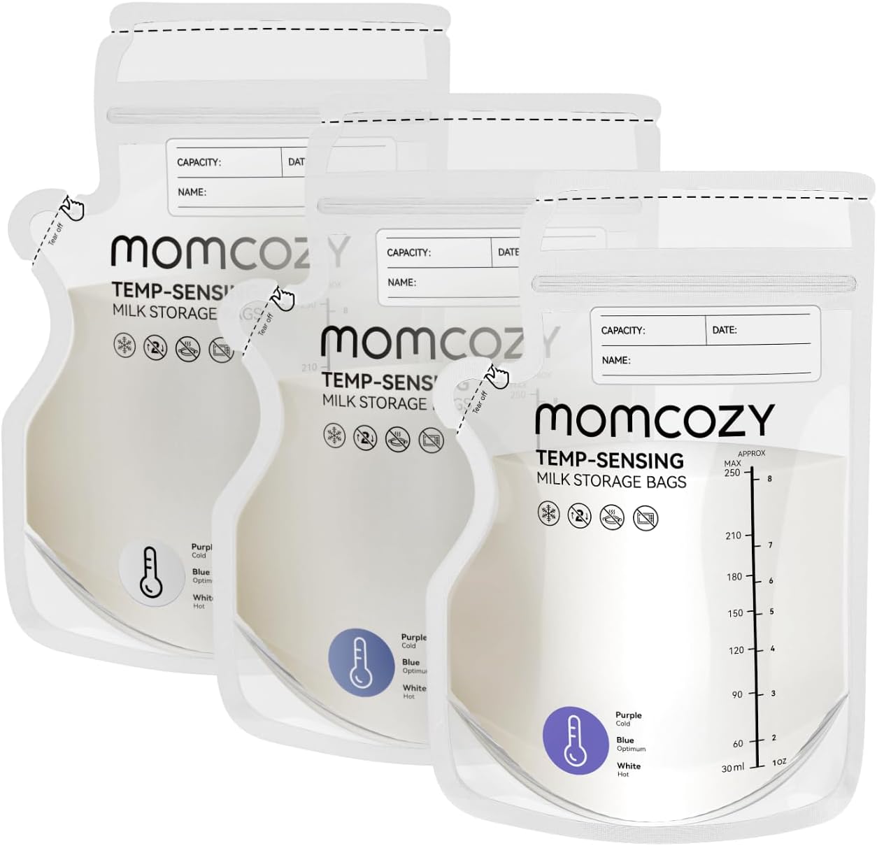 Momcozy Easy Pour Breastmilk Storage Bag, 8Oz, Temp-Sensing Color Change, 120 Count Milk Bag with Self Standing for Breastfeeding, No Leak Presterilized for Freezer, Recyclable & BPA Free