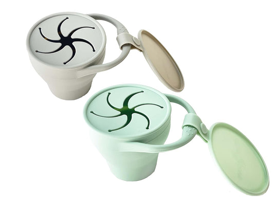 otterlove Collapsable Silicone Snack Container With Attachable Lid | 100% Pure LFGB Platinum Silicone with No Fillers | Snack Cup (2 Pack - Sage & Sand)