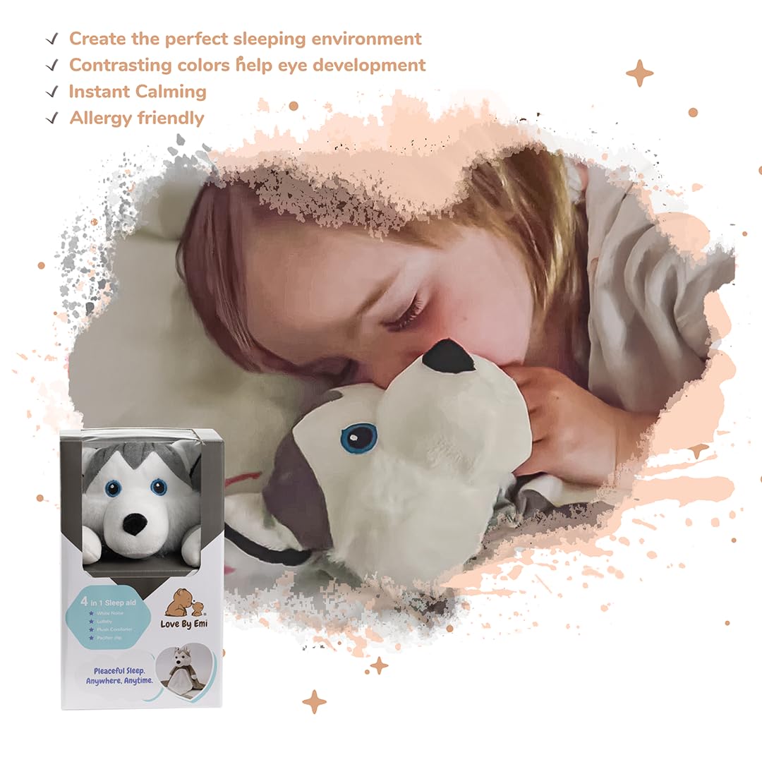 Love By Emi Baby Music Lovey Grey & White Husky, Baby Sleep Soother for Crib & Cuddle Bedtime, White Noise with Heartbeat & Lullaby, Plush Sound Toy, Stuffed Animal for Newborns, Infants & Toddlers