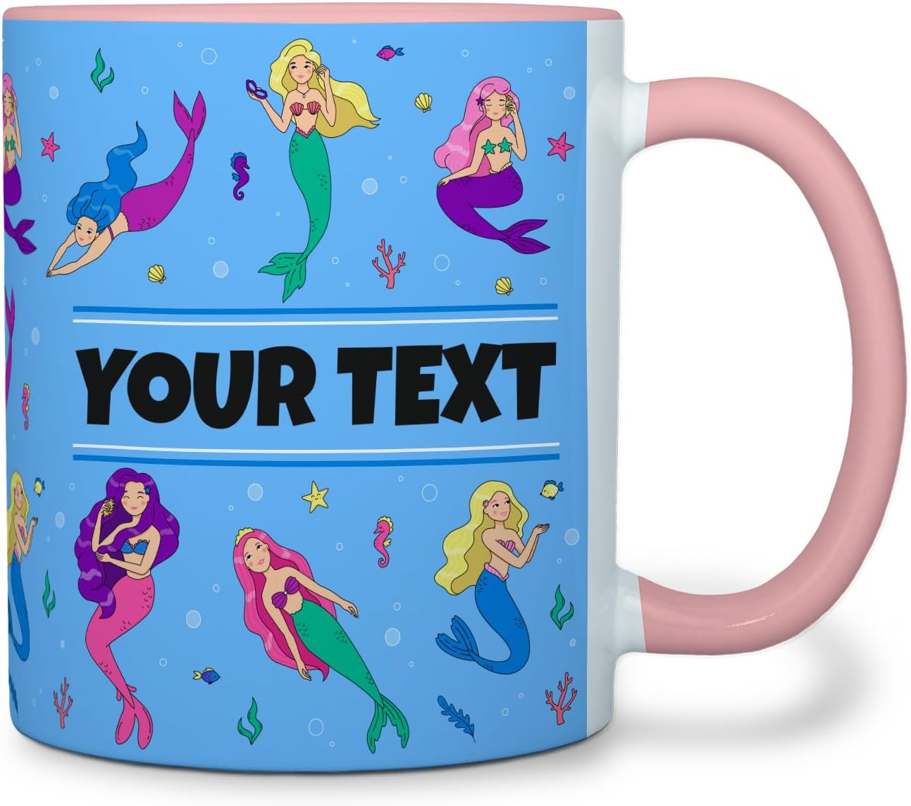 Personalized Mug for Kids - Mermaids - Custom Name/Text, Ceramic Hot Chocolate/Cocoa/Coffee Cup for Girls, Birthday/Christmas/Holiday Gift - 11 oz, Pink Handle