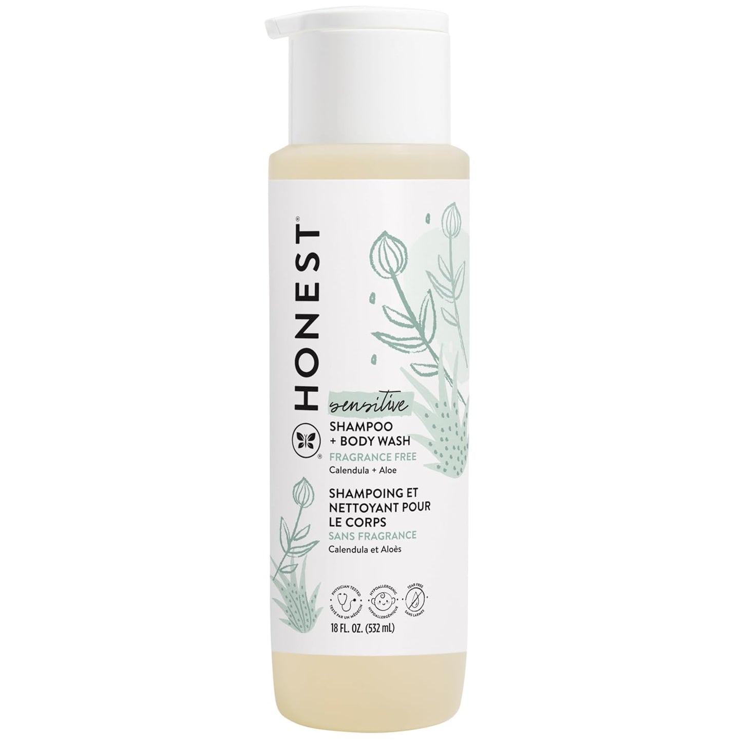 The Honest Company 2-in-1 Cleansing Shampoo + Body Wash for Sensitive Skin | Gentle for Baby | Naturally Derived, Tear-free, Hypoallergenic | Fragrance Free, 18 fl oz