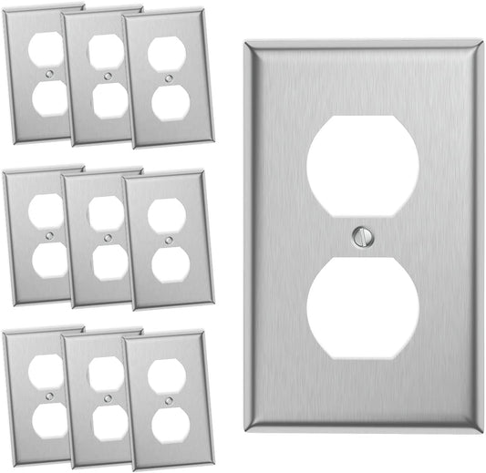 10-Pack Single Duplex Wall Switch Plate Outlet Cover - Stainless Steel Decorator Receptacle Outlet Plate Covers - Brushed Finish - Silver