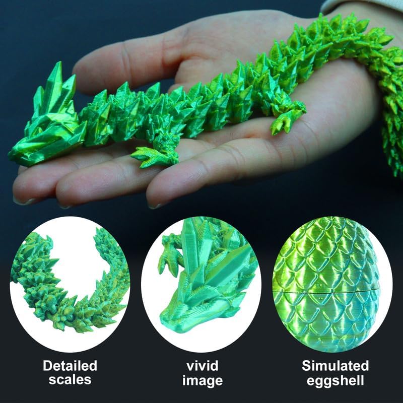 Easter Basket Stuffers, 3D Printed Dragon in Egg, Dragon Eggs with Dragon Inside, 12'' Full Articulated Dragon Crystal Dragon, Fidget Desk Toys Easter Eggs Fillers Easter Gifts for Kids (Laser Green)