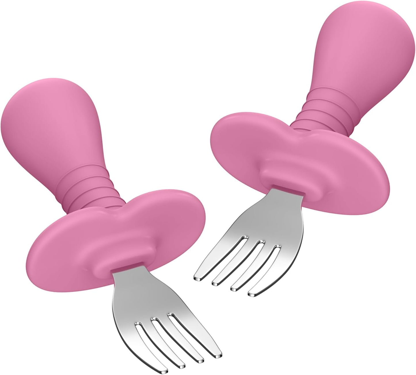 Baby Fork Toddler Forks for Self Feeding, Kids Forks with Silicone Round Handle, Stainless Steel Toddler Utensils Children Safe Silverware Set, Anti-Choke Design, BPA Free - Pink