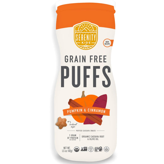 Serenity Kids 6+ Months Grain Free Puffs Toddler & Baby Snack | No Added Sugar, Gluten & Rice Free, Allergen Free | Made with Organic Cassava, Veggies, and Herbs | Pumpkin & Cinnamon | 1 Count