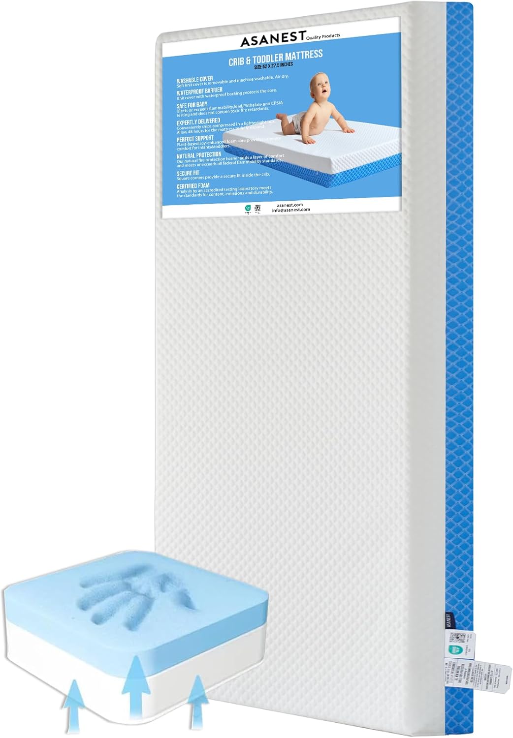 Dual Sided Comfort Gel Memory Foam,Breathable Baby Bed Mattress for Crib,Memory Foam Crib Mattress,Premium for Infant and Toddler w/Removable Outer Cover - White&Blue,Standard Size