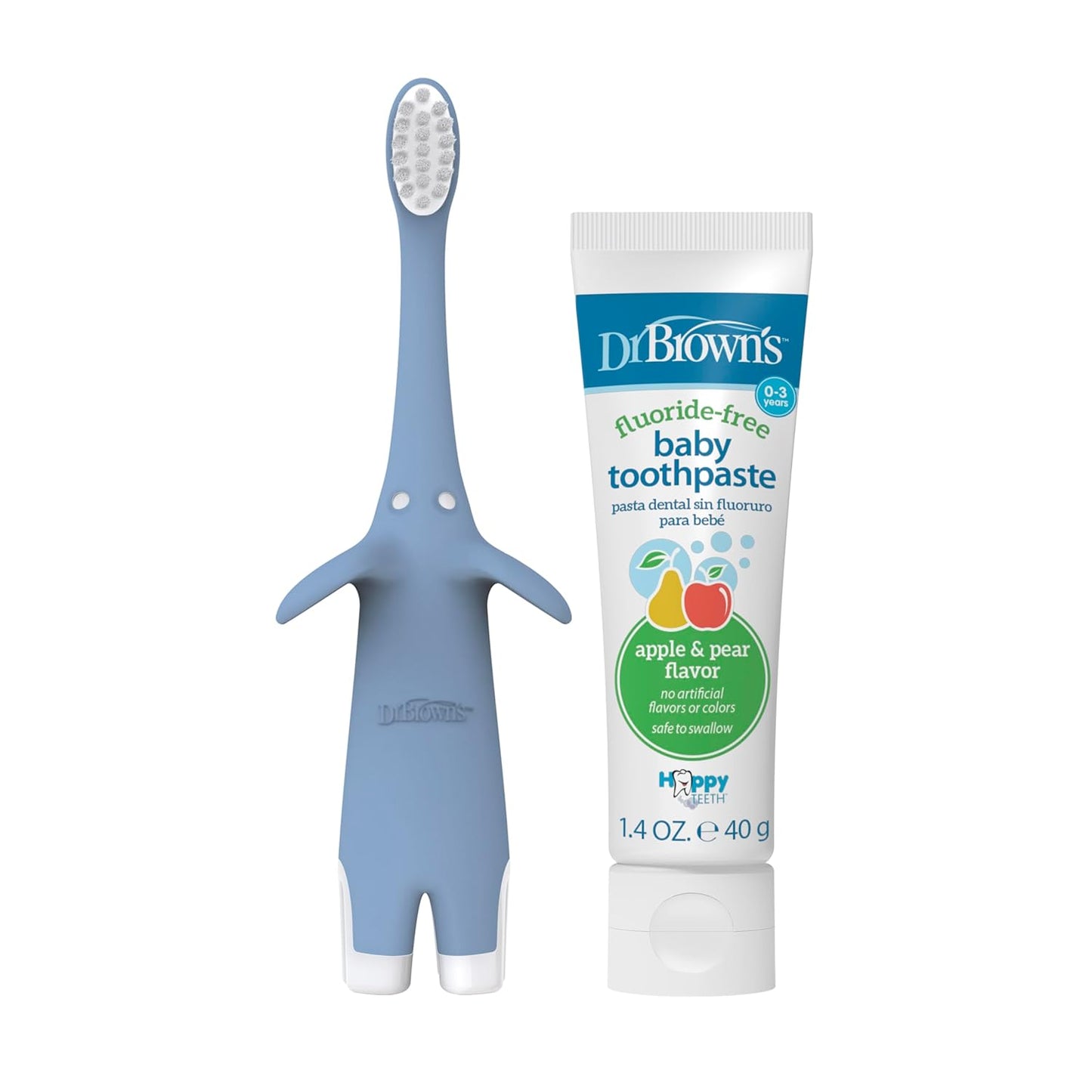 Dr. Brown's Infant-to-Toddler Training Toothbrush Set, Blue Elephant with Fluoride-Free Apple Pear Baby Toothpaste, 0-3 years