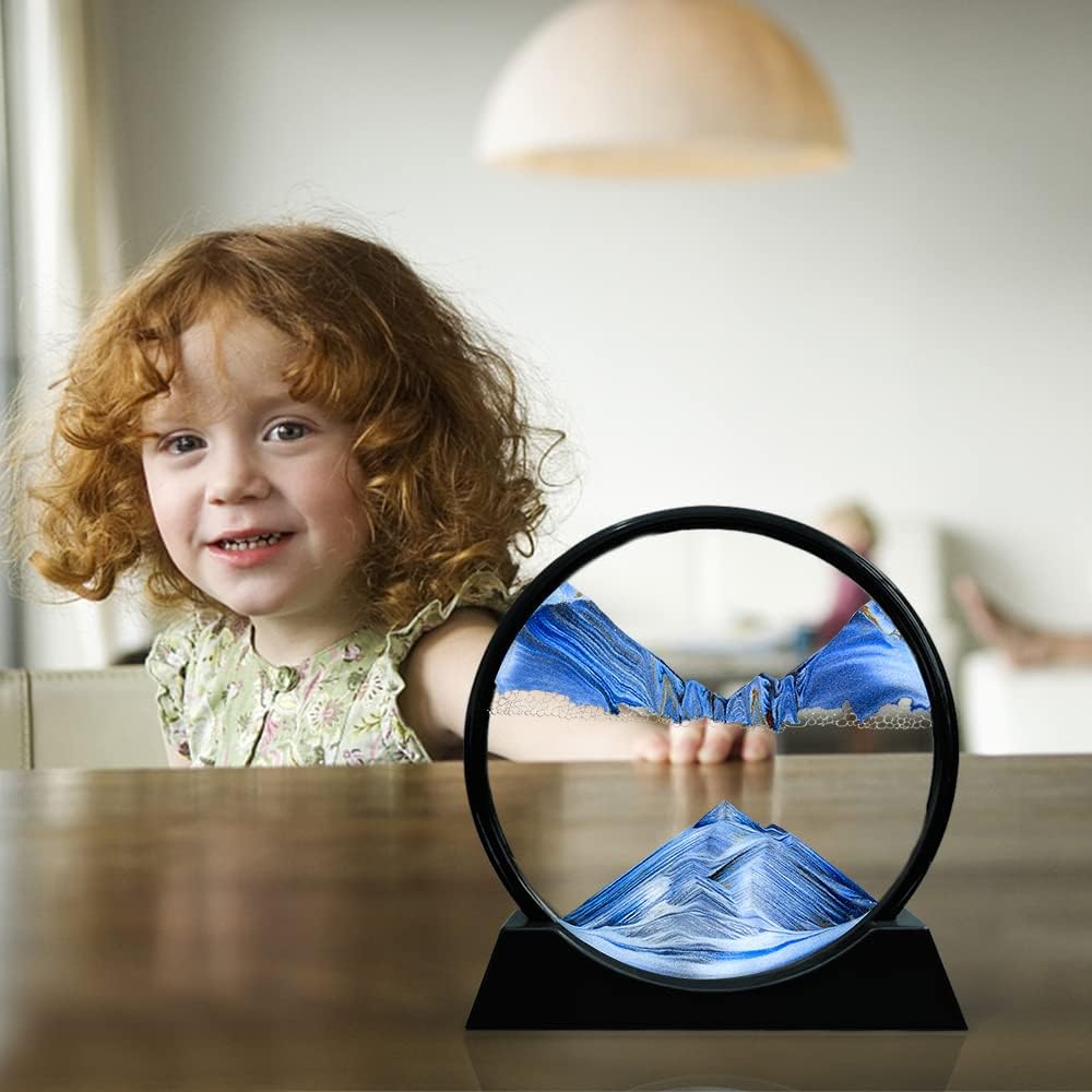 Aoderun Moving Sand Art Picture Round Glass 3D Deep Sea Sandscape in Motion Display Flowing Sand Frame Relaxing Desktop Home Office Work Decor (7", Blue)