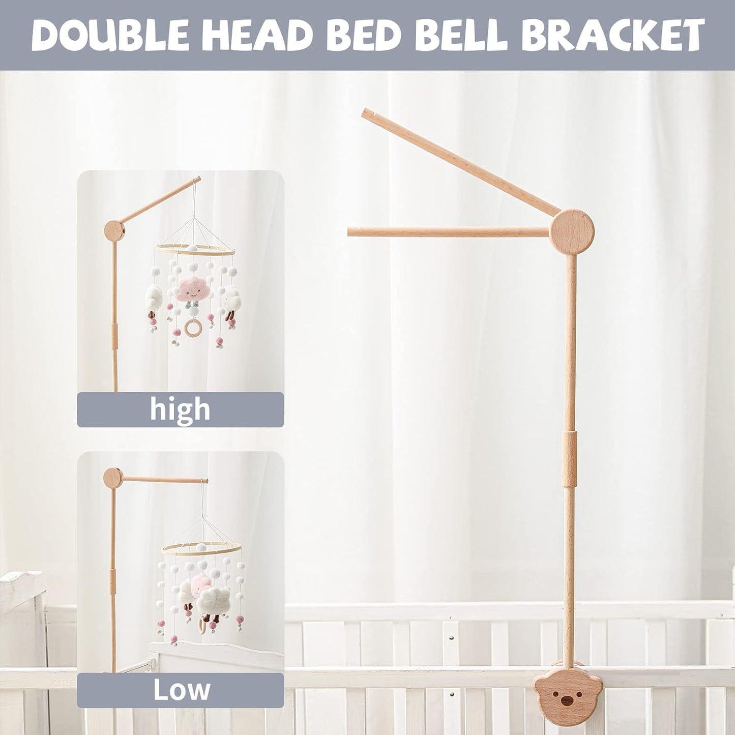Wooden Crib Mobile Arm | Crib Mobile Holder | Nursery Mobile Hanger Cartoon Bear | Rotatable Height Adjustable Hanging Fits Wide or Thick Railings Baby Shower Gift Nursery Decoration