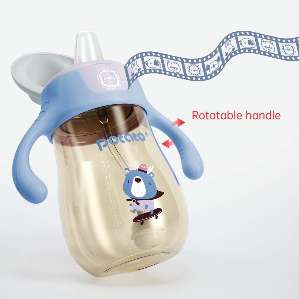 POTATO Sippy Cups For Toddlers with Straw Spill Proof, PPSU Learner Cup with Handle for Boy, Water Bottle for Baby 6 Months with 2 Type of Spout, 6 Ounce Blue