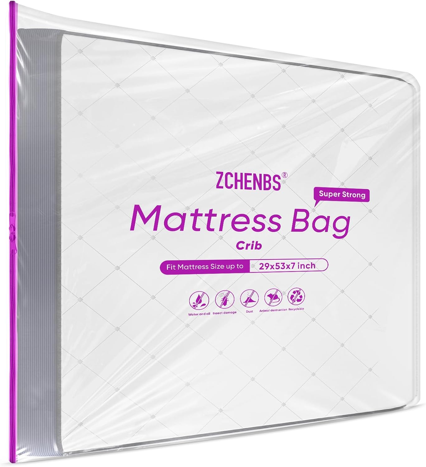 ZCHENBS® – Mattress Bags for Moving and Storage,Mattress Bag with Zippers,5 Mil Ultra-Thick Bed Bag,Waterproof,Anti-Tear,Heavy-Duty Mattress bag (Tansparent/Purple, Crib-(1 Pack))
