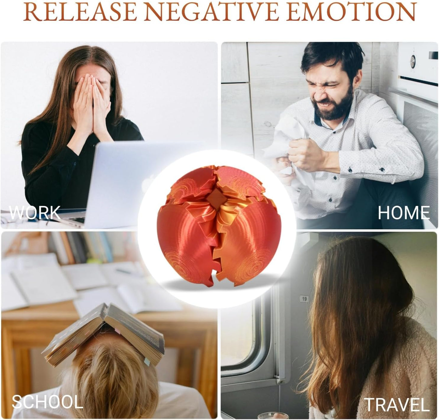 3D Printed Gear Ball, Gear Sphere Fidget Toy Stress Relif Toy for ADHD, Anxiety Relaxing Toy for Adults at Work/Study/Travel, Twisted Red-Gold