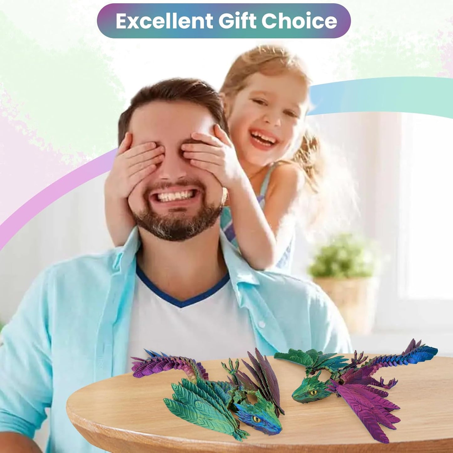 3D Printed Dragon with Wings,3D Printed Animals Toy,3D Printed Flexible Dragons,Crystal Dragon Fidget Toys,Full Articulated Dragon Crystal Dragon (Red Yellow and Blue)