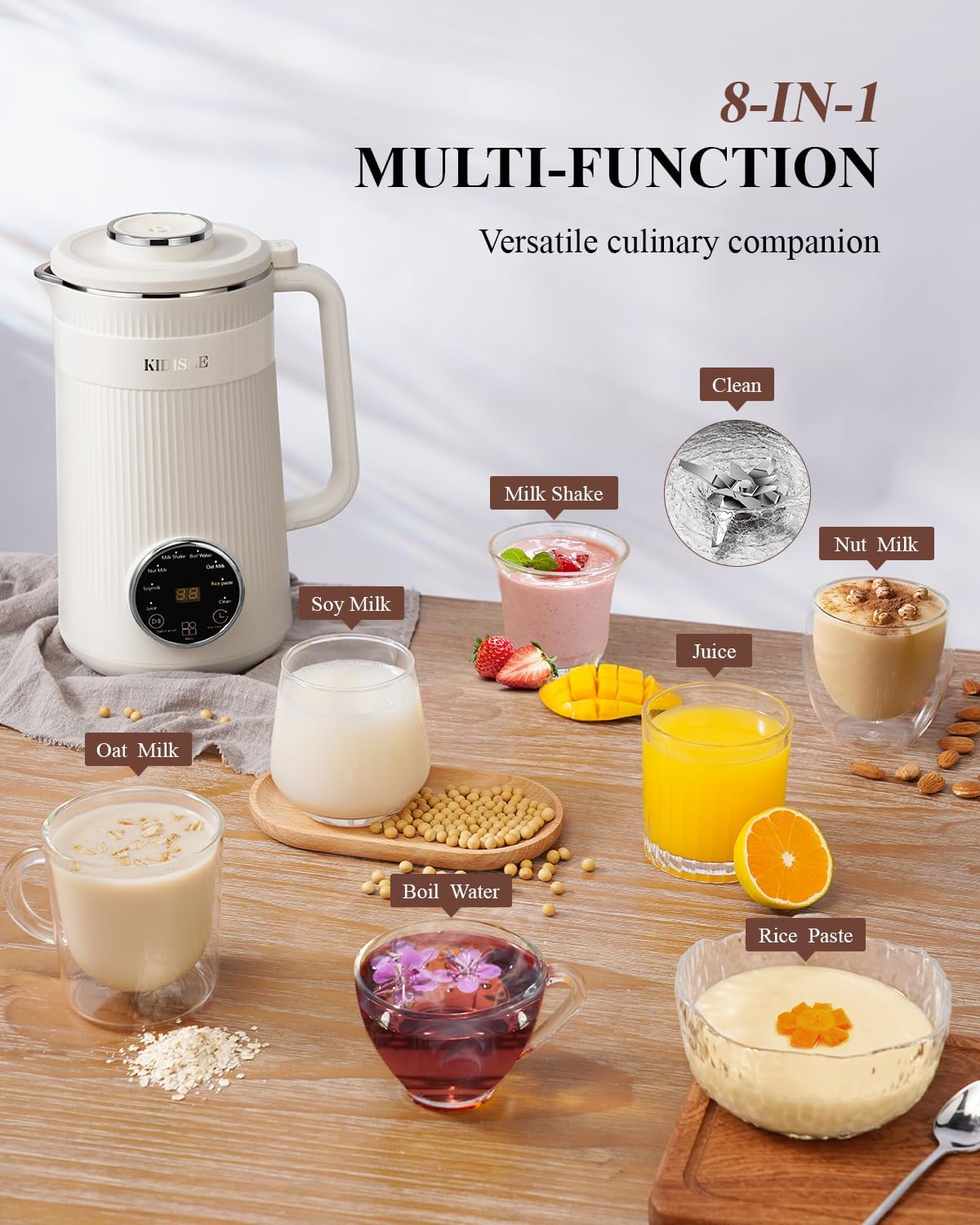 8 in 1 Nut Milk Maker Blender, 32oz Homemade Soy, Almond, Oat, Coconut, Plant Based and Non Dairy Beverages, Automatic Soybean Machine With Delay Start/Keep Warm/Boil Water, Cream
