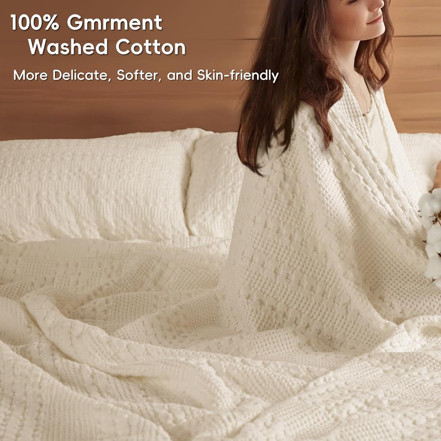 PHF 100% Cotton Waffle Weave Blanket Queen Size, Soft Lightweight Breathable Cozy Summer Blankets for Bed, Luxury Aesthetic Woven Bedding for Home Decor, 90"x90", Undyed