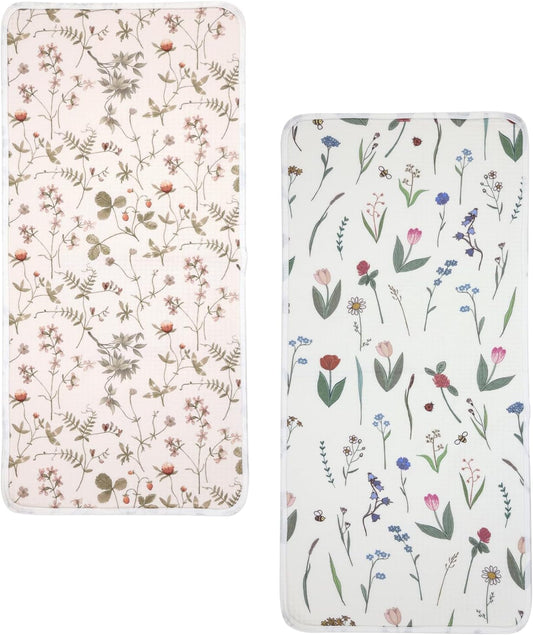 haakaa Waterproof Changing Pad Liners, 100% Cotton, Soft & Breathable (2pcs, 13" x 27.5" Honey Blossom+Vintage Garden)