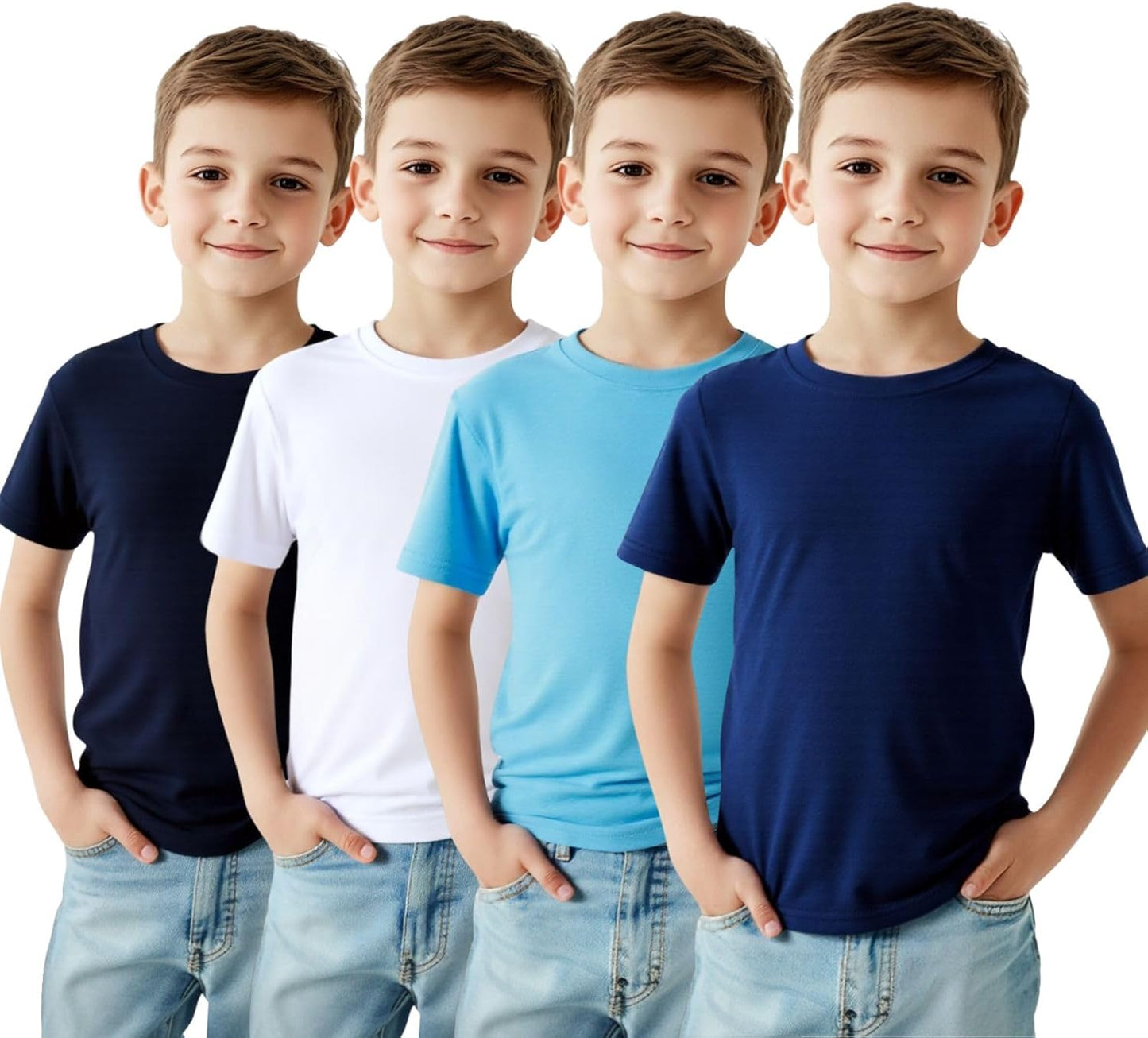 HILEELANG Kids Boy Basic Plain Cotton T-Shirts Short Sleeve Crew Neck Summer Tees 4packs 6-12 Years
