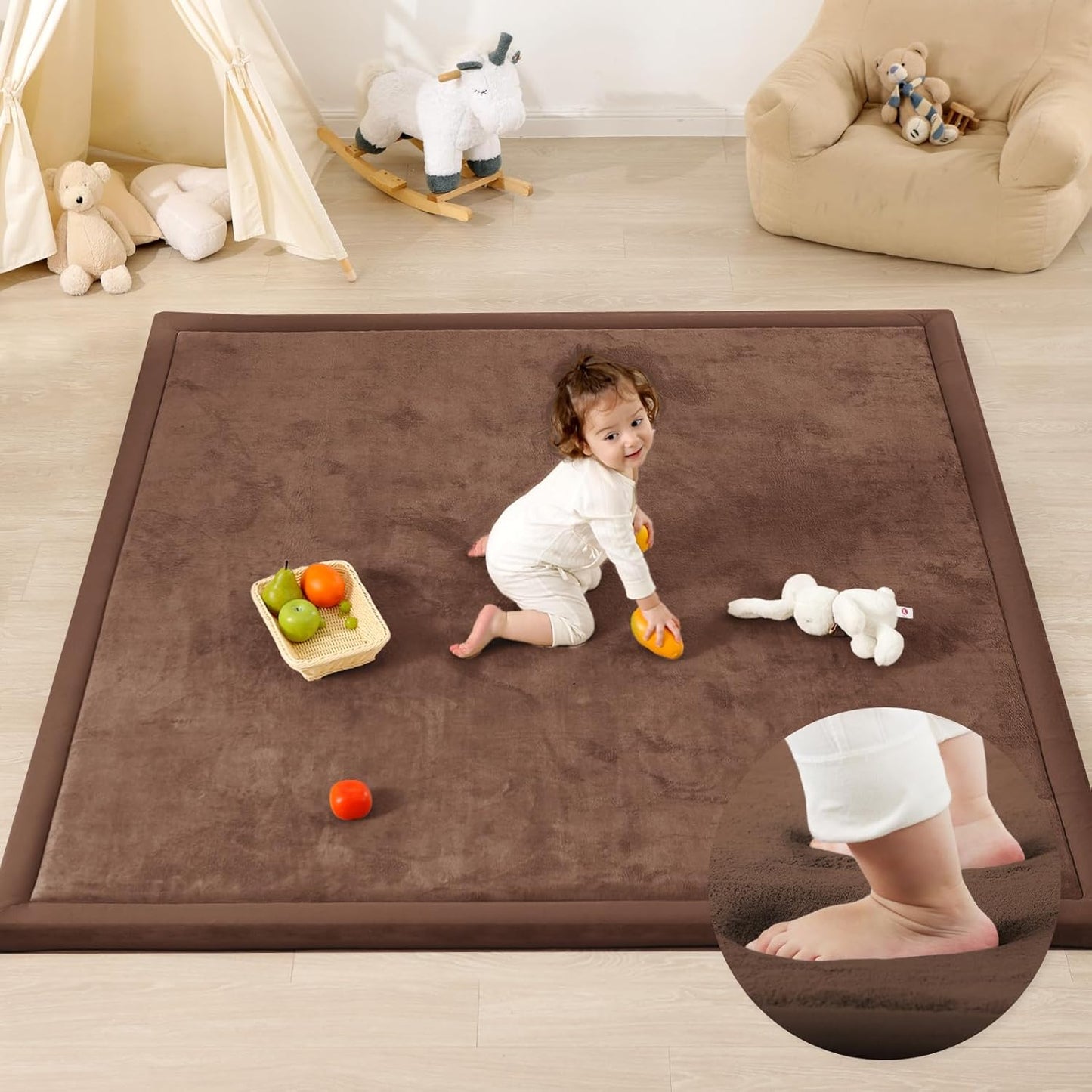 Ultra Soft Baby Play Mat,79"×158" Extra Large Activity Tummy Time Mat for Toddlers,Infants,Kids,1.3" Thick Elasti-Foam Nursery Rug for Floor,Non-Slip Safe for Crawling,Water-Repellent(Chocolate Brown)