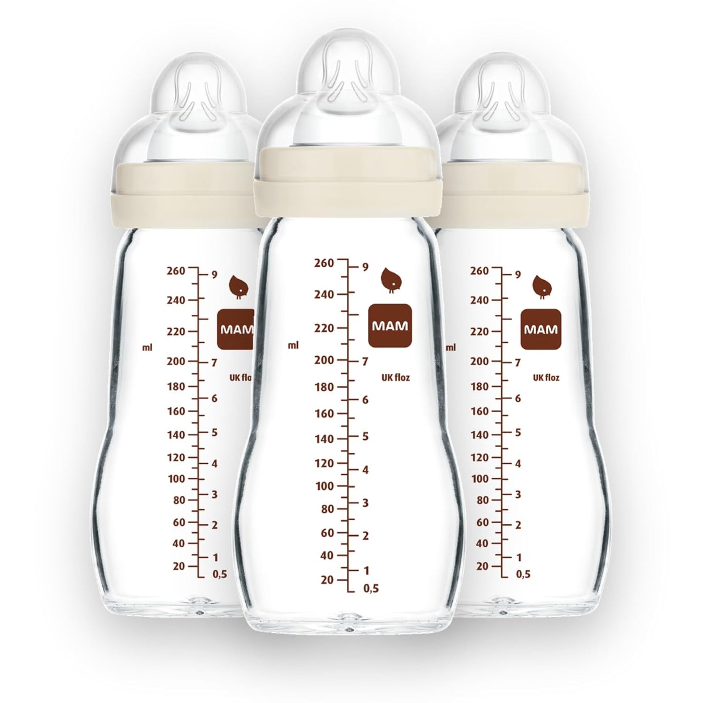 MAM Feel Good Medium Flow Premium Glass Baby Bottles, Easy Switch Between Breast and Bottle, 9oz, 2+ Months, Unisex, 3 Pack