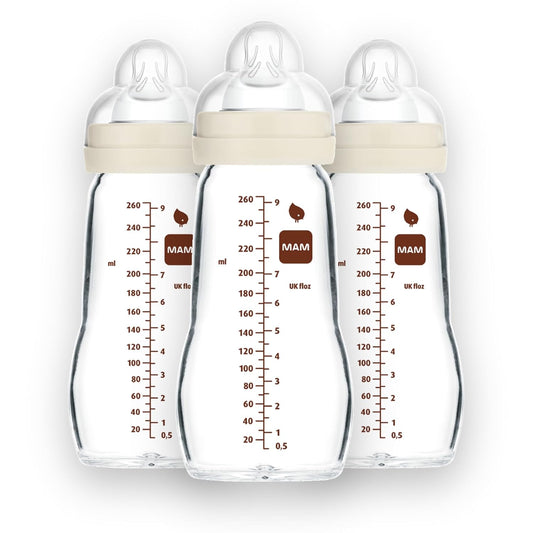 MAM Feel Good Medium Flow Premium Glass Baby Bottles, Easy Switch Between Breast and Bottle, 9oz, 2+ Months, Unisex, 3 Pack