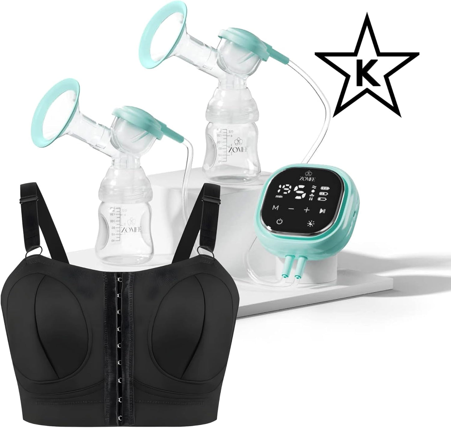 Zomee Z2 Double Electric Breast Pump - Shabbat Mode Edition - Portable, Hands Free Pumping Hospital Grade Wearable Breast Pump Including; Black Bamboo Pumping Bra (Small)