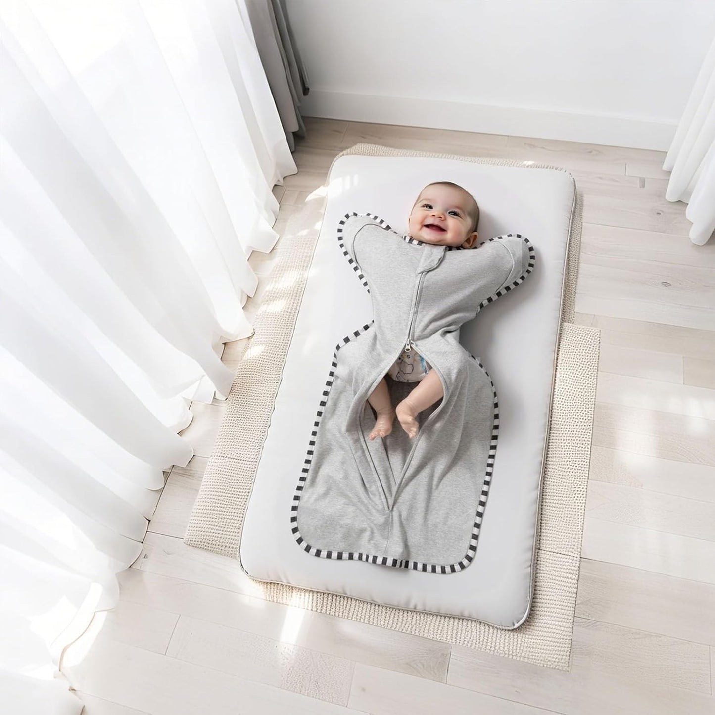 Transition Swaddle, 2 Pack 100% Cotton Baby Sleep Sack, 2-Way Zipper Infant Arm Up Swaddle for Newborn Baby Boys Girls (Light Green + Light Grey, L(6-9 Months))