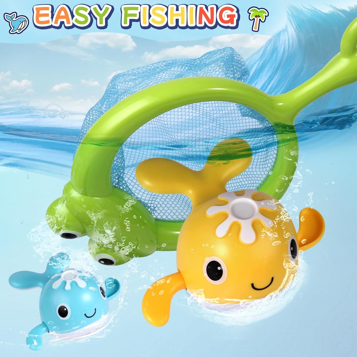 Baby Bath Toys Set, Wind Up Pool Toys for Toddlers 1-3, Kids Magnetic Fishing Toys with 1 Fishing Rod & 1 Net & 4 Brightly Colored Whales, Boys and Girls Birthday Gifts