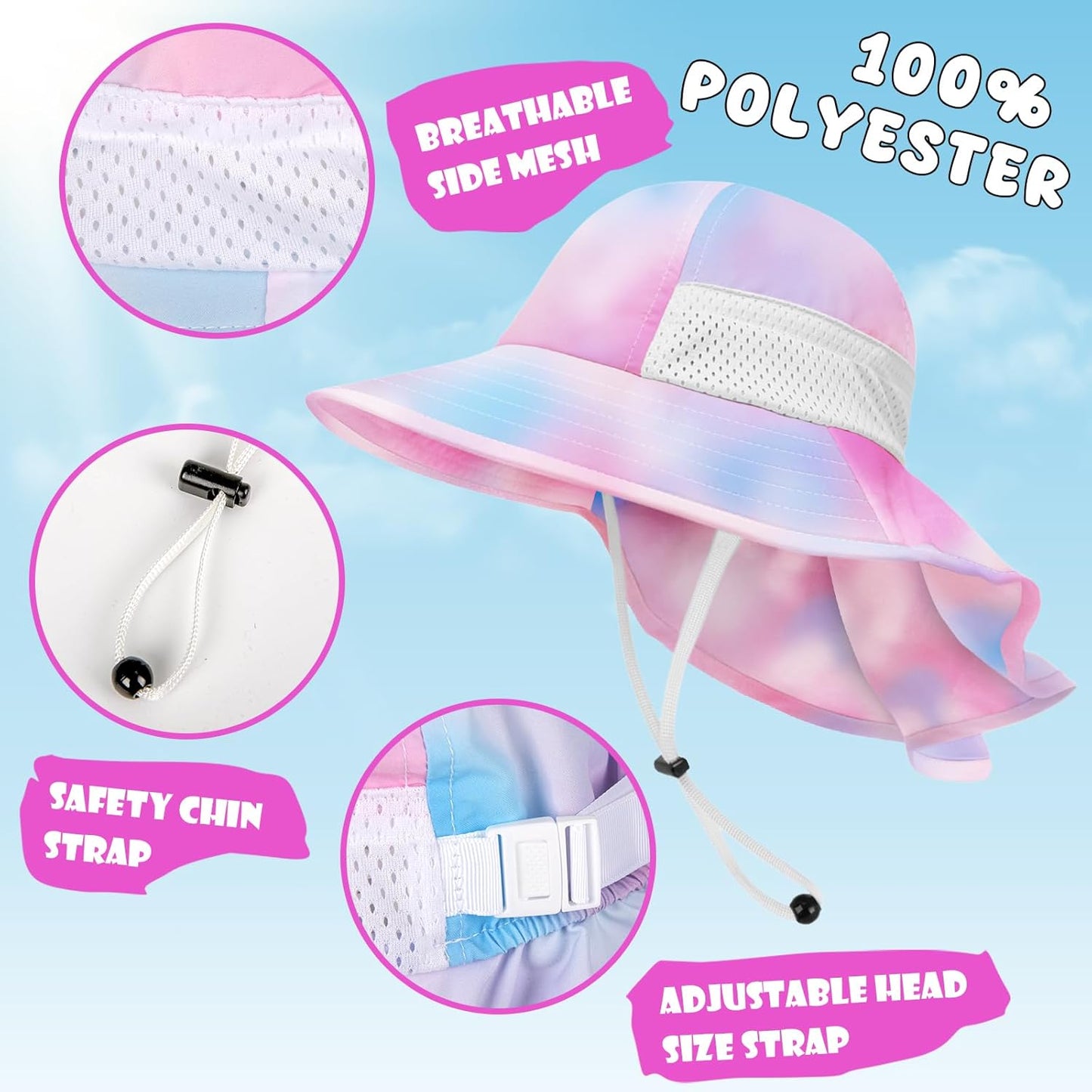 Toddler Baby Sun Hat Kids Summer UPF 50+ for Boys Girls Adjustable Beach Hats with Bucket Wide Brim Age 1-7 Years