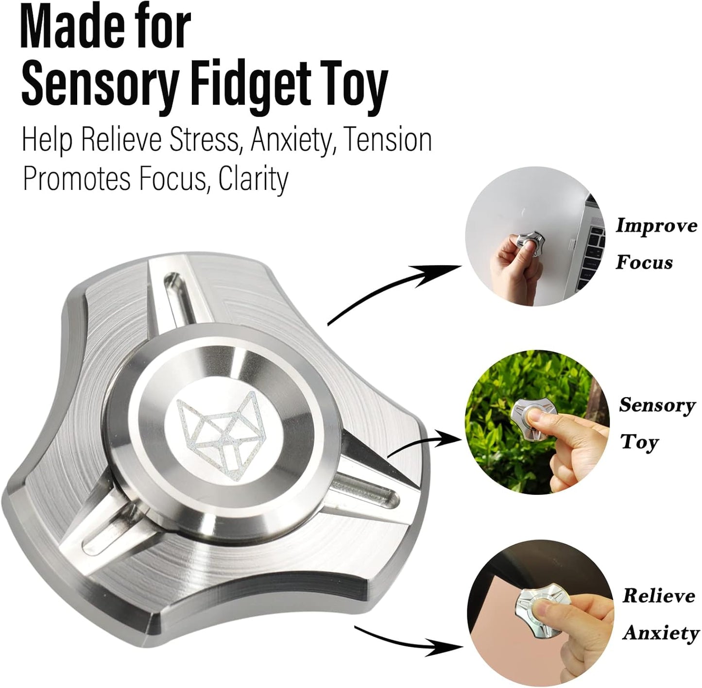 FREELOVE Metal Fidget Spinner, Stainless Steel Heavy, Long Spinning Toys, Cool Silent, Small Mini 4th Fox Figette Spiner for Adults Men Anxiety, Quiet Bearing, CNC Silver